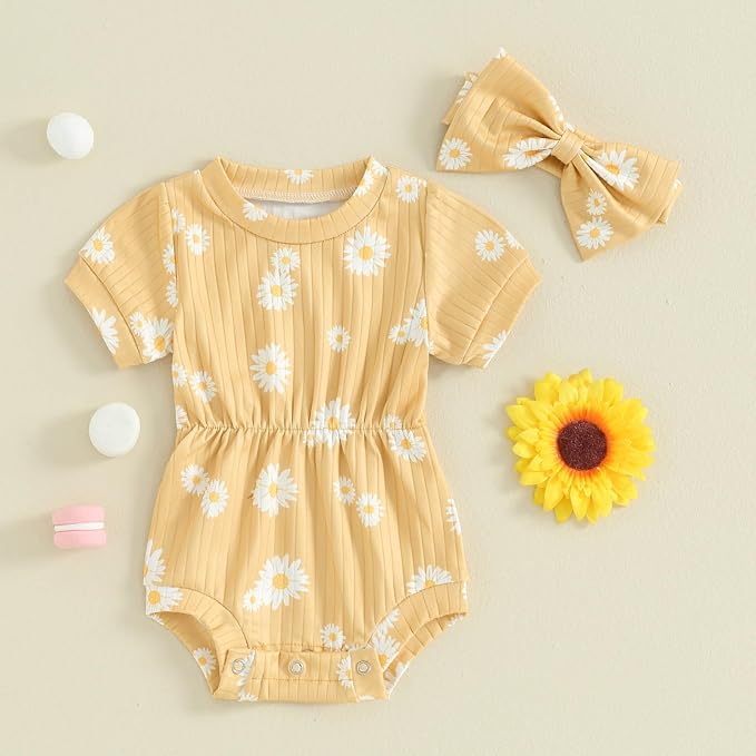 FOCUSNORM Baby Girl Summer Clothes Ribbed Short Sleeve Romper Solid Color - Image 2