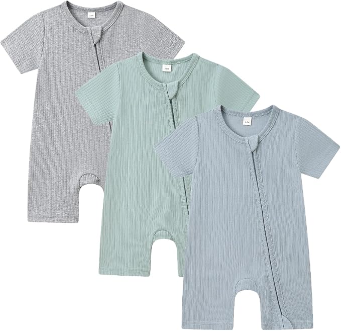 Bafeicao Baby Boy Girl 3 Pack Short Sleeve Rompers | 2 Way Zipper, Ribbed Cotton by Bafeicao