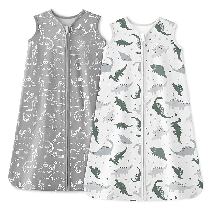 Baby Sleep Sack 0-6 Months 1.0 Tog Baby Wearable Blanket 100% Cotton Sleeping Sack with 2-Way Zipper for Infant Newborn Gray White Dinosaur