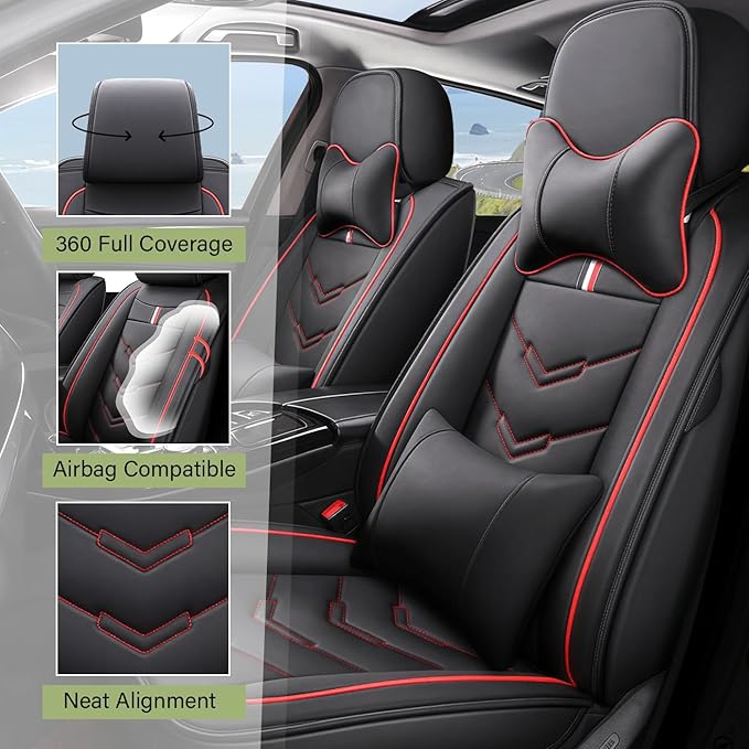 Leather Car Seat Covers Fit for LR Range Rover Evoque 2019-2025, 5 Seater Waterproof and Wear-Resistant Seat Cover Interior Accessories(Full Set with Pillow,Black&Red)