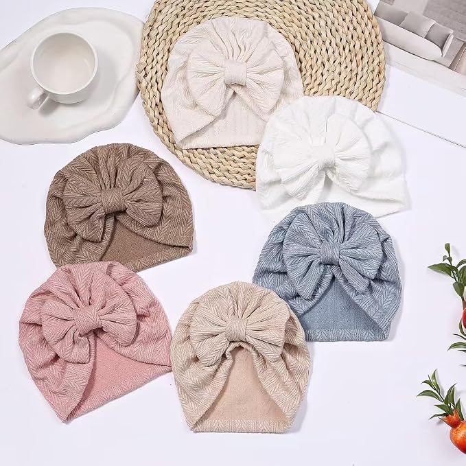 Baby Girls Hair Bow Turban Hat 6PCS Set, Top Bowknot Head Wrap Beanie India Caps - Image 5