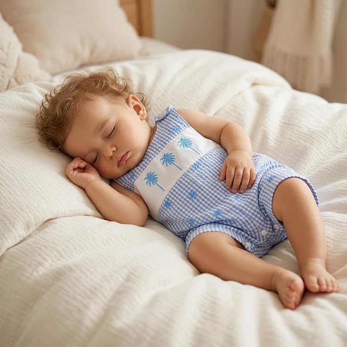 Newborn Baby Boys Sleeveless Seersucker Romper One Piece Straps Overalls - Image 6
