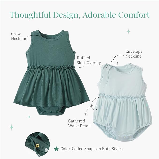 PATPAT Baby Girl Bamboo Viscose 2-Pack Romper & Dress | Color-Coded Snaps - Image 5