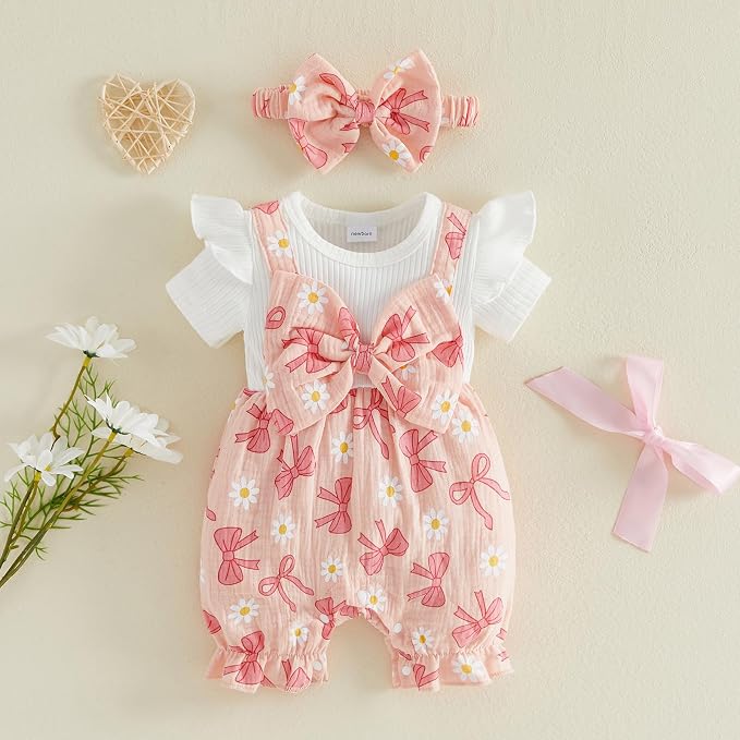 YINGISFITM Newborn Baby Girl Summer Clothes Short Sleeve Bubble Romper Bow - Image 5