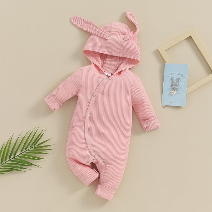 Newborn Baby Boy Girl Romper Easter Outfits Bunny Ear Hoodie Button Onesie - Image 7