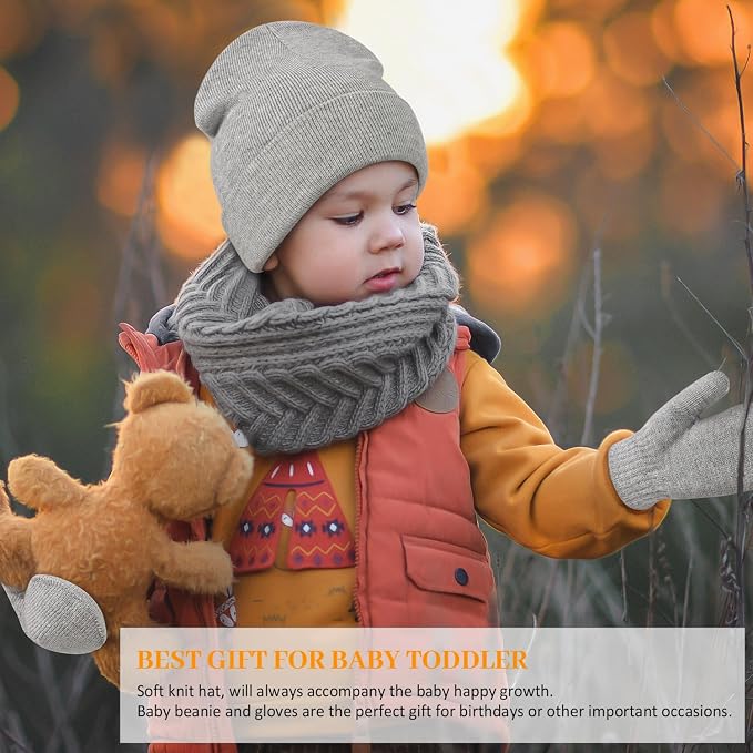 Baby Beanie Hat Gloves Set, Kids Winter Warm Knit Hat - Image 3