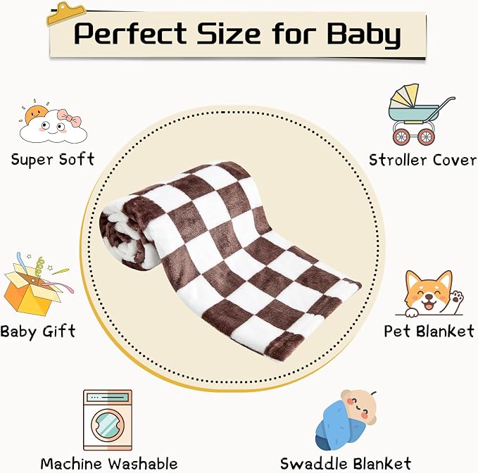 Yurhap Checkered Baby Blanket Fleece Baby Blankets Neutral - Image 7