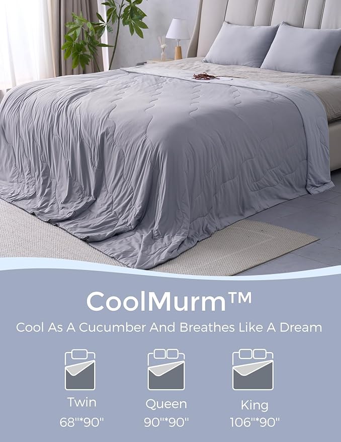 Momcozy Life CoolMurm Cooling Comforter for Hot Sleepers, Full/Queen 90"x90" Soft Breathable Pregnancy Cooling Blanket, 3-Second Cooling, 8 Hours+ Stay Cool All Night, Grey Sky Blue