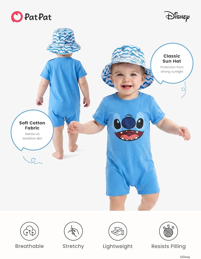 Disney Baby Boy's 2-Piece Romper and Sun Hat Outfit Set Newborn to Infant - Image 5