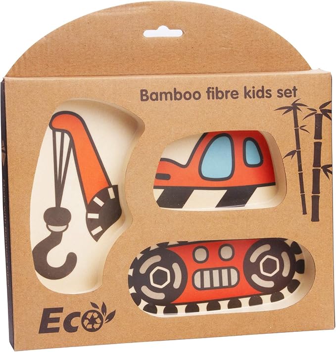 Kid Plate Set Bamboo Toddler Plates Dinnerware Dinner Dish Set Baby Feeding Spill Proof Divided Plate - Baby Spoon and fork 3-Piece Set for Kids and Toddlers Teaches Child Portion Control