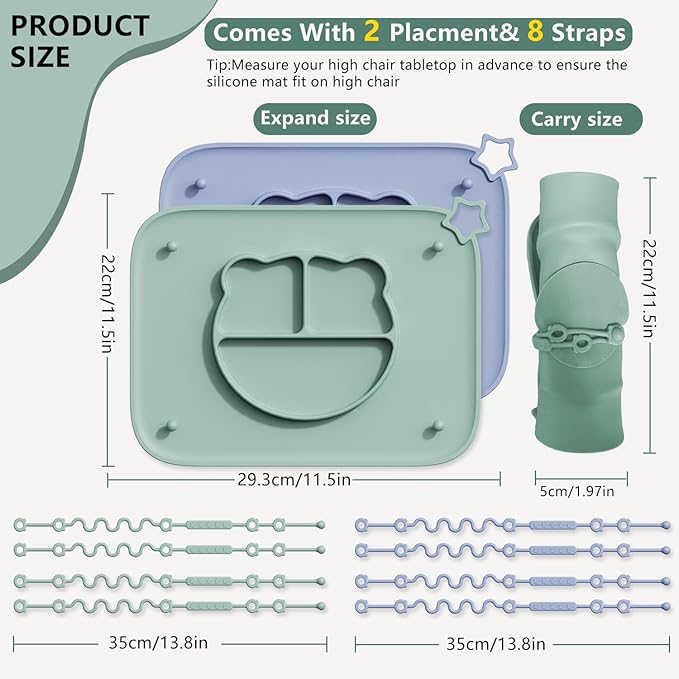 2 Pack Silicone Baby Placemats with Non-Slip Strong Suction Base and Anti-Drop 8 Stretchable Straps, BPA Free Food Grade Silicone Table Mats for Babies Toddlers, High Chair, Dining Tables, Begie+Green