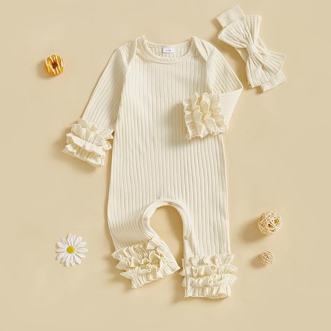 Newborn Baby Girl Clothes Jumpsuit Ruffle Romper Bodysuit Pants Headband - Image 3