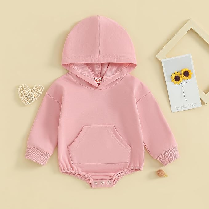 Baby Girl Boy Hooded Sweatshirt Long Sleeve Solid Color Romper Infant Baby Fall - Image 2