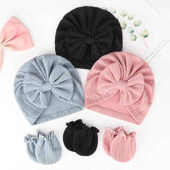 BQUBO Baby Turban Hats and Mittens Set Newborn Infant Hospital Hats Caps - Image 6
