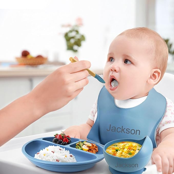 Personalized Silicone Baby Feeding Set with Name, Customized Baby Led Weaning Supplies Self Feeding Eating Utensils with Spoon, Fork, Silicone Suction Bowls, Cup, Plate Army Green