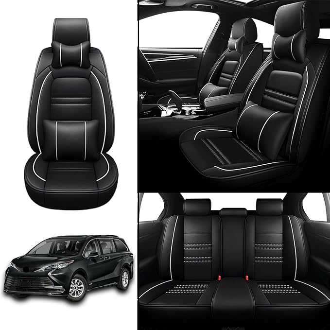 Car Seat Covers for Toyota Sienna 2004-2025 | 5-Seats Seat Covers, Waterproof Seat Protectors, Automotive Seat Covers (Full Set with Pillow,Black&White Line)