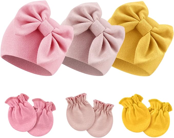 Newborn Baby Hats and Mittens Set Infant Bow Beanie Cap Toddler Gloves Newborn by AQOKKA