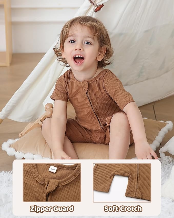 Bafeicao Baby Boy Girl 3 Pack Short Sleeve Rompers | 2 Way Zipper, Ribbed Cotton - Image 3