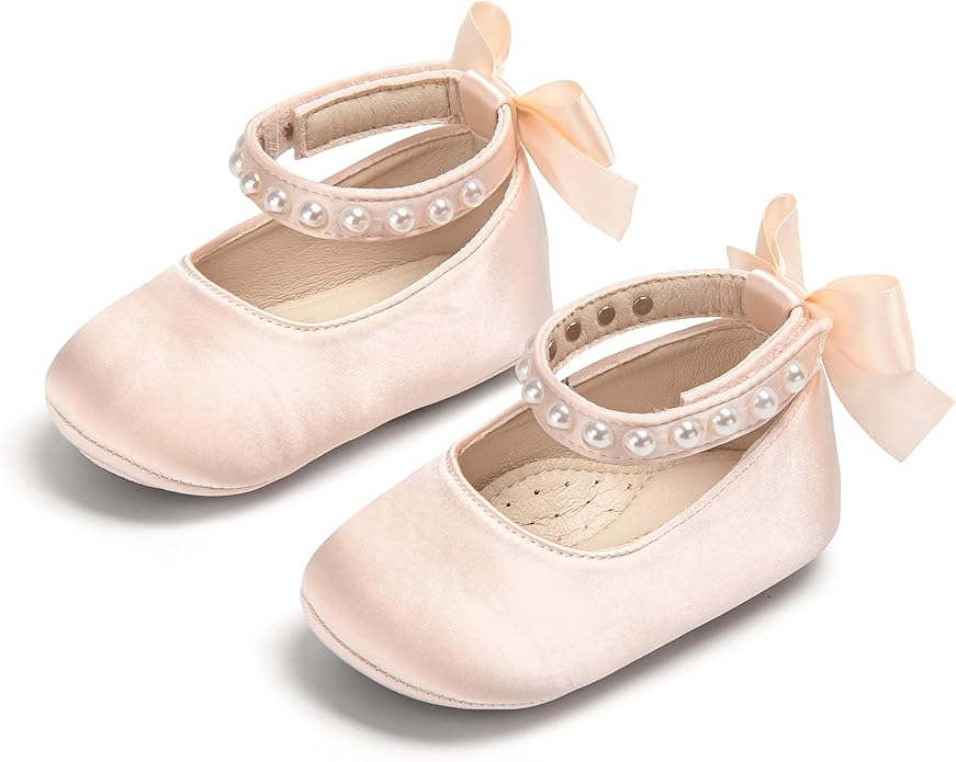 Baby Girls Mary Jane Flats - Infant Newborn Walking Shoes Soft Rubber Sole Princess Wedding