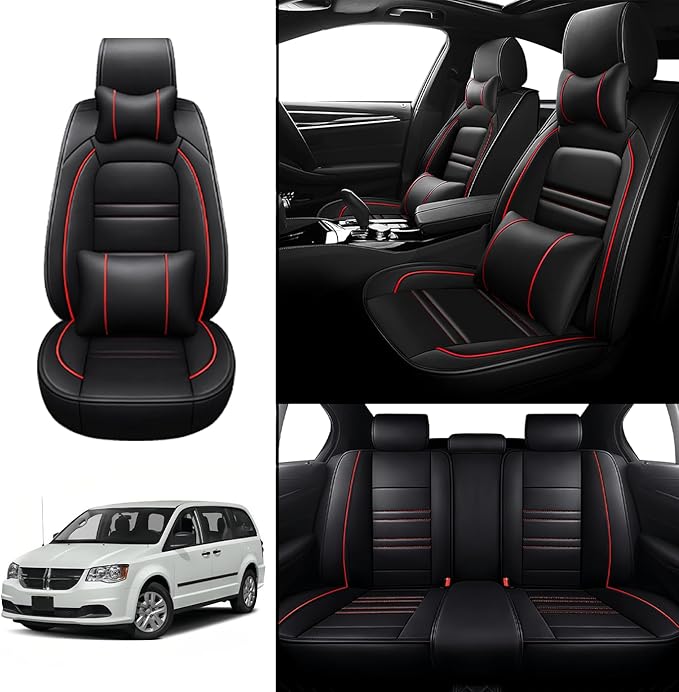 Car Seat Covers for Dodge Grand Caravan 1999-2020 | 5-Seats Seat Covers, Waterproof Seat Protectors, Automotive Seat Covers (Full Set with Pillow,Black&Red Line)