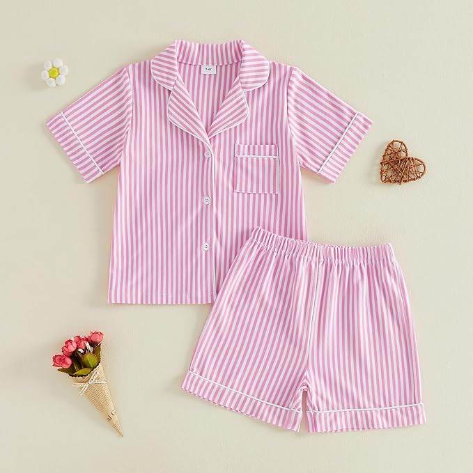 FULA-bao Toddler Baby Boy Girl Cotton Pajamas Set Striped Short Sleeve Button - Image 4