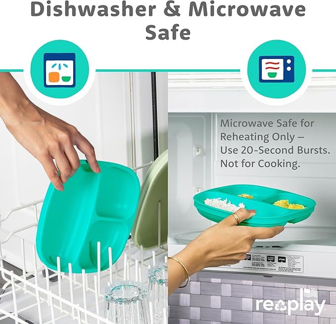 Re-Play Toddler Plates with Dividers - Deep-Walled 3 Compartments Divided Plates for Kids with 3 Lids - Dishwasher & Microwave Safe - Made in USA - Set of 3-7.37" x 7.37" x 1.25" - Aqua Asst