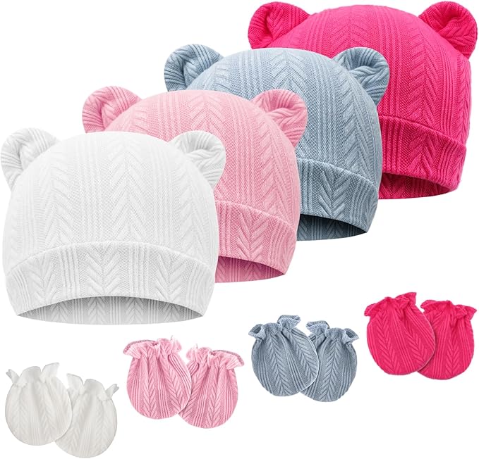 Newborn Baby Hat and Mittens Set Bear Ears Toddler Infant Beanie Caps Newborn by AQOKKA