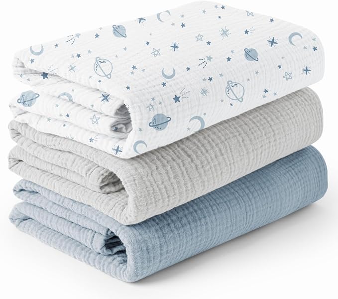 Konssy 3-Pack Muslin Baby Swaddle Blankets, 47 x 47 in Receiving Blankets | by Konssy