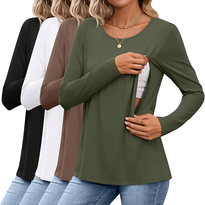4 Pack Women's Cotton Nursing Tops, Breastfeeding Maternity with Hidden Zippers Crew Neck Long Sleeve Pregnancy Shirts