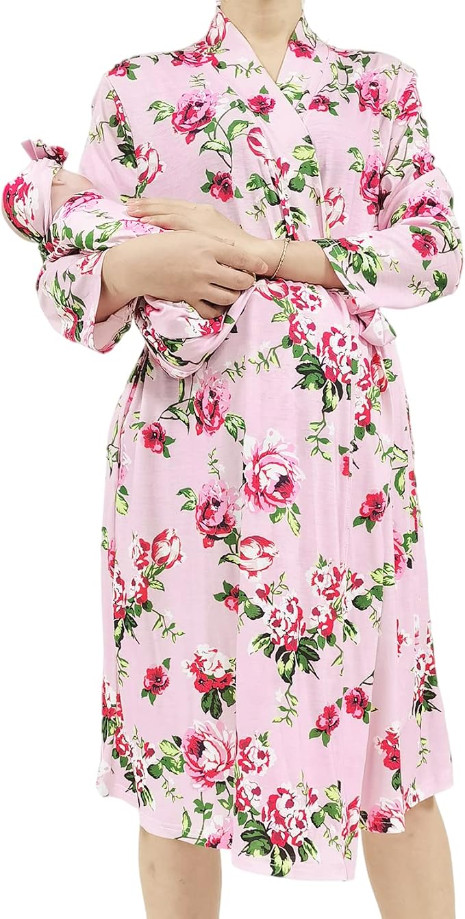 SUFEINI Maternity Robe and Matching Baby Swaddle Blanket Set, Mommy Robe by SUFEINI