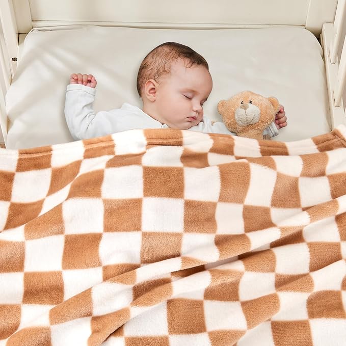 Yurhap Checkered Baby Blanket Fleece Baby Blankets Neutral - Image 3