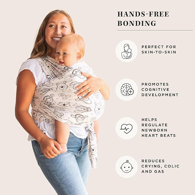 Moby Baby Wrap Carrier Featherknit for Newborns to Toddlers (8-33lbs), Infant Sling Carrier, Lightweight & Hands Free Design, Adjustable for All Body Types (Disney's Winnie The Pooh & Pals)