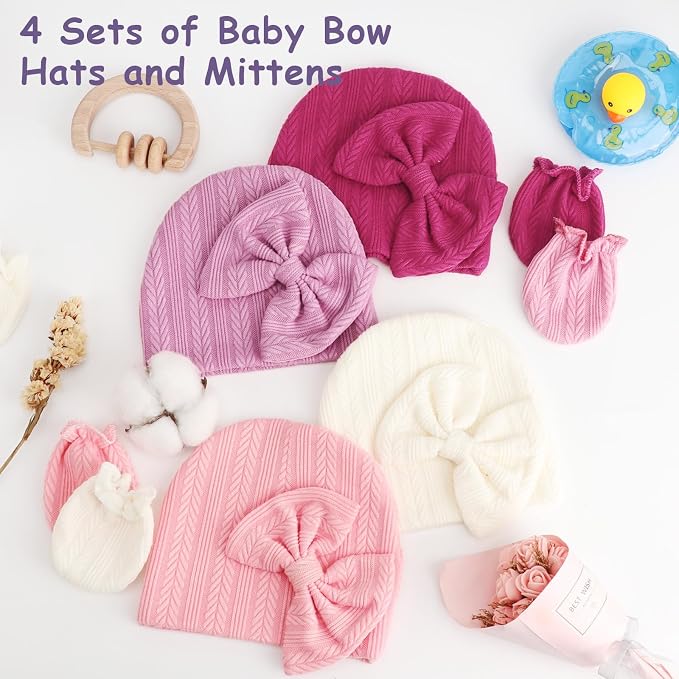 BQUBO Newborn Baby Hats Bear Ears and Mittens Sets Preemie Caps Baby Boy Girl - Image 5