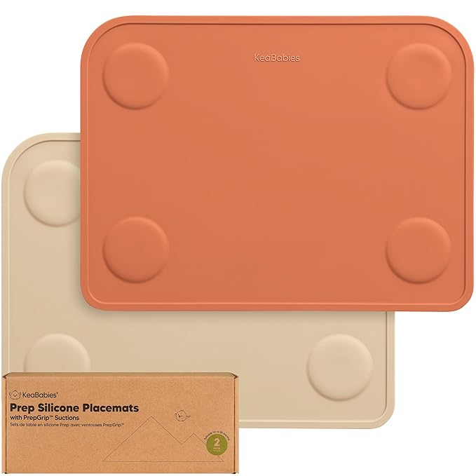 KeaBabies 2-Pack Silicone Placemats for Toddlers - 12x9 Non Slip Suction Baby Silicone Placemat for Kids Eating, Easy to Clean, Busy Travel Baby Mat for Dining Table, Food Grade/BPA-Free (Terracotta)