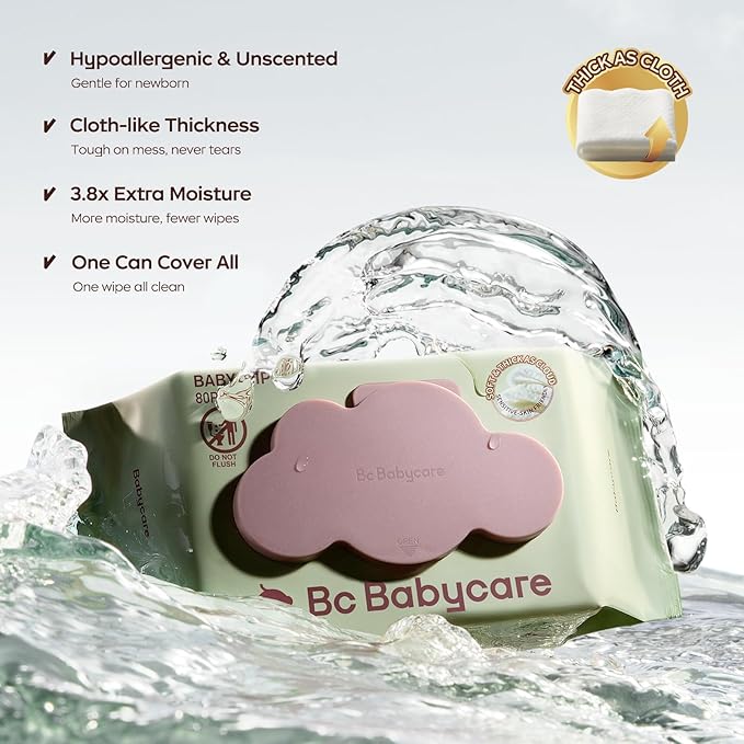 Bc Babycare Cloud Moist Baby Wipes, Thick & XL, 99% Water, Ultra-Hydrating, Unscented, Hypoallergenic for Sensitive Skin, Biodegradable, 12 Flip-Top, 960 Count