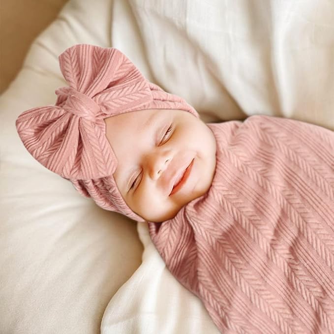 AQOKKA Newborn Receiving Blanket Wheat Ear Bow Hat Hairband Set - Image 5
