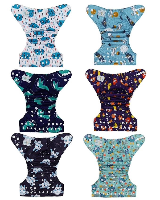 babygoal Boy Cloth Diapers Pack of 13, Baby Reusable Washable Pocket Nappy, 6pcs Diapers+6pcs Rayon from Bamboo Inserts+Wet Bag 6FB40-MB-B