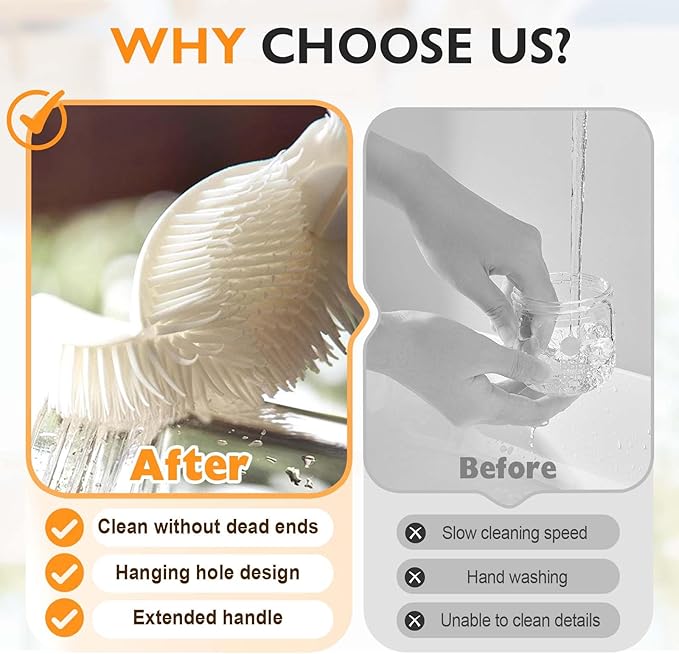 360° Flexible Silicone Bottle Brush with Long Handle,2025 New Multifunction Cleaning Foldable Cleaning Tool,Soft Bristle Silicone Cup Brush for Narrow Neck Bottles,Water Bottles (White/3pcs)