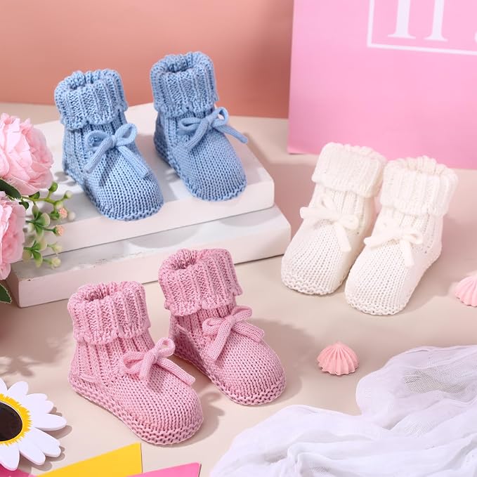 Evervibe 3 Pair Knitted Baby Booties | 100% Cotton, 0-6 Months Newborn - Image 3