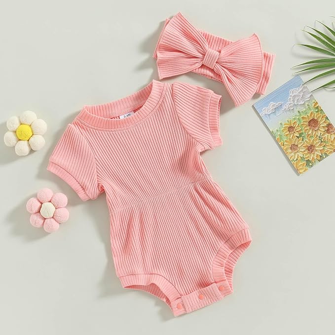 FOCUSNORM Baby Girl Summer Clothes Ribbed Short Sleeve Romper Solid Color - Image 3