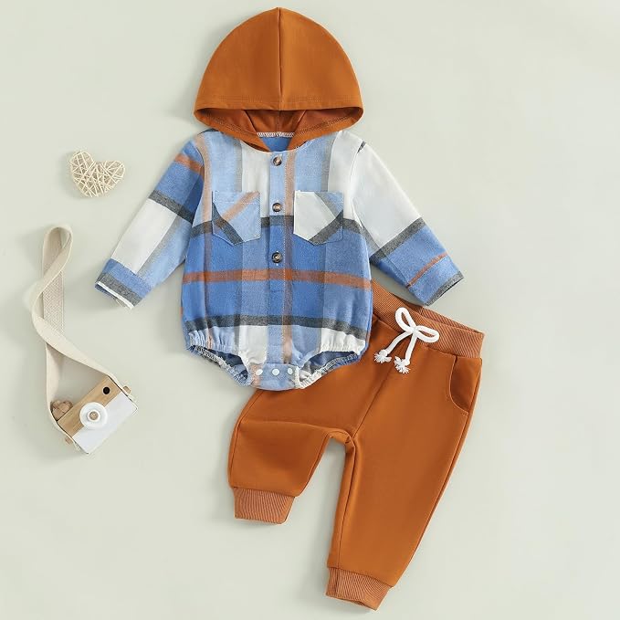 Douhoow Infant Baby Fall Clothes Boy Girl Plaid Hoodie Sweatshirt Romper - Image 2