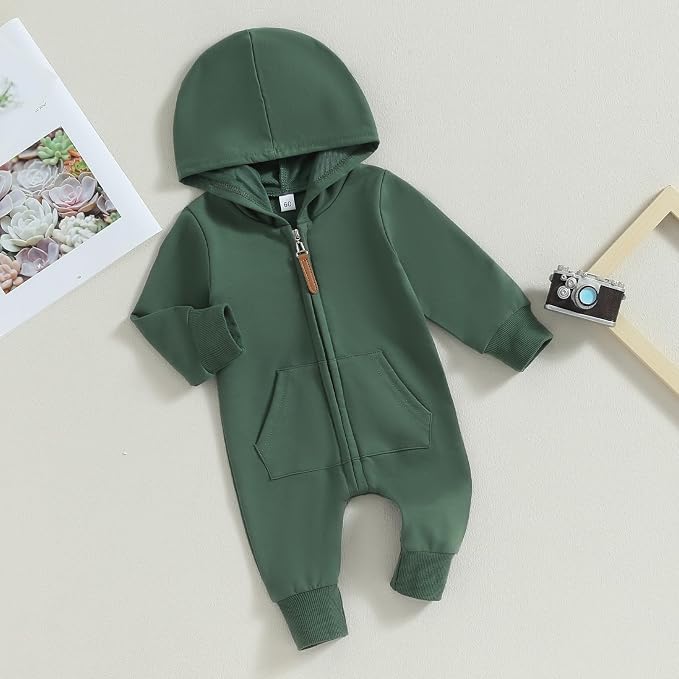 Infant Baby Boy Girl Clothes Solid Hoodie Romper Zip Up Long Sleeve Hooded - Image 2
