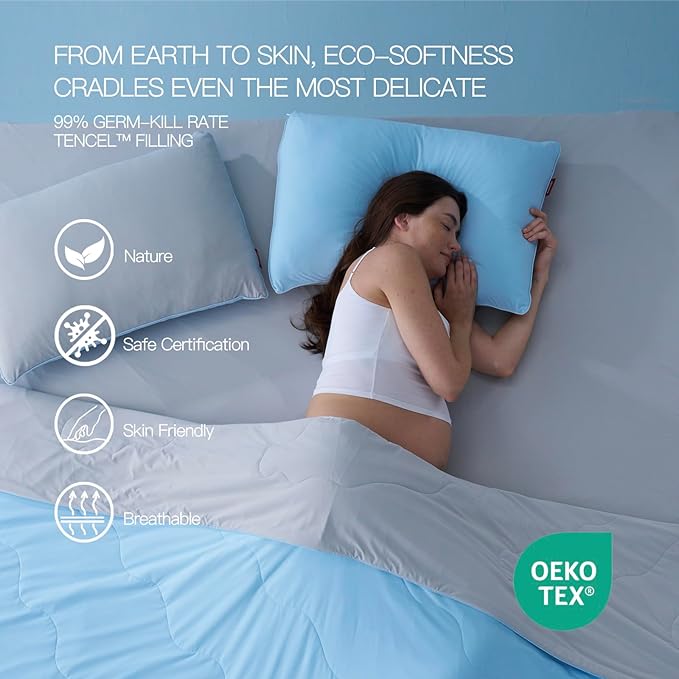 Momcozy Life CoolMurm Cooling Comforter for Hot Sleepers, Full/Queen 90"x90" Soft Breathable Pregnancy Cooling Blanket, 3-Second Cooling, 8 Hours+ Stay Cool All Night, Grey Sky Blue
