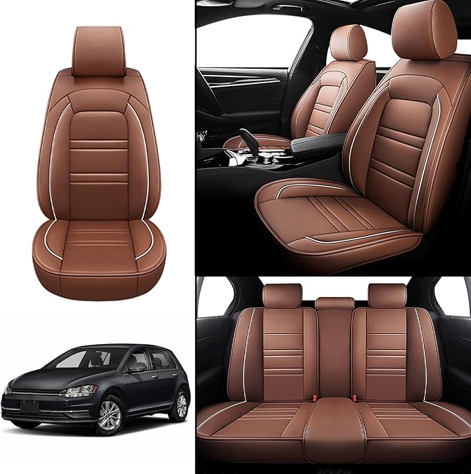Seat Covers for VW Car Golf 2015-2019 | 5-Seats Leather Seat Covers, Easy to Install Automotive Seat Covers Full Set (Full Set, Coffee)
