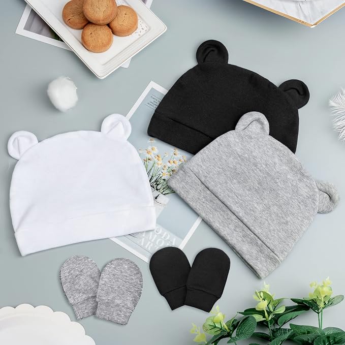 BQUBO Newborn Baby Bear Ears Hats and Mittens Sets Preemie Cotton Caps Baby Boy - Image 4