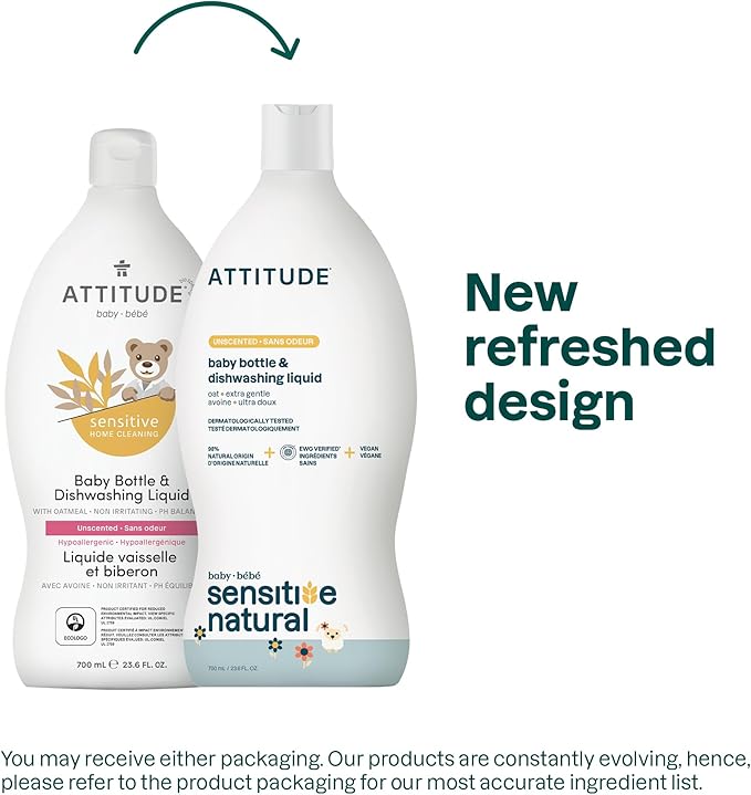 ATTITUDE Baby Dish Soap for Sensitive Skin with Oatmeal, Plant and Mineral-Based Ingredients, Vegan Household Products, Unscented, 23.6 Fl Oz