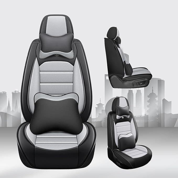 JOJ Fit for Toyota Highlander 2001-2022 Car Seat Covers,7 Seat Car Seat Cover,No-Slip Waterproof Breathable Faux Leather,Full Set with Pillow Steering Wheel Covers,Black Gray