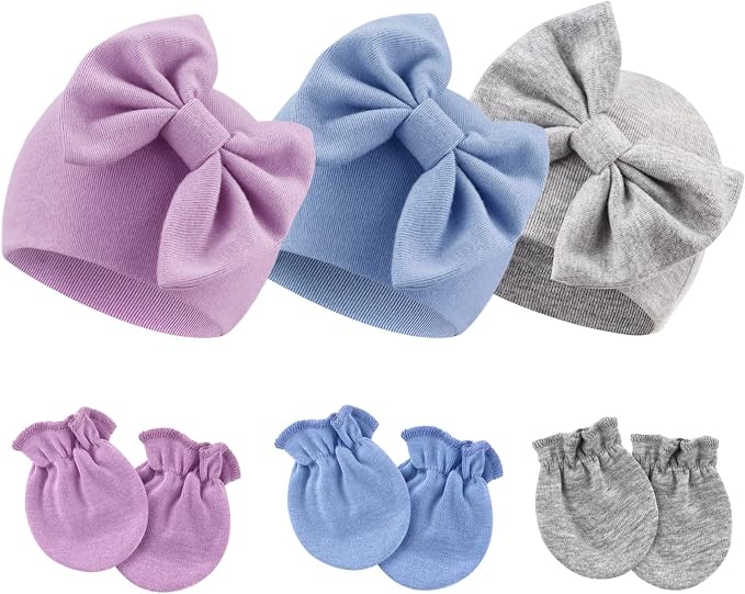Newborn Baby Hats and Mittens Set Infant Bow Beanie Cap Toddler Gloves Newborn by AQOKKA