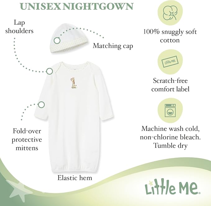 Little Me Clothes Baby Gender Neutral 2-Pc Nightgown and Cap Set 100% Cotton - Image 2