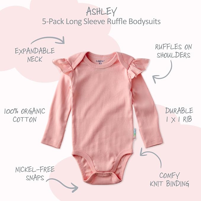 Butterblu Ashley 5-Pack Long Sleeve Ruffle Shoulder Bodysuits 100% Cotton | - Image 2